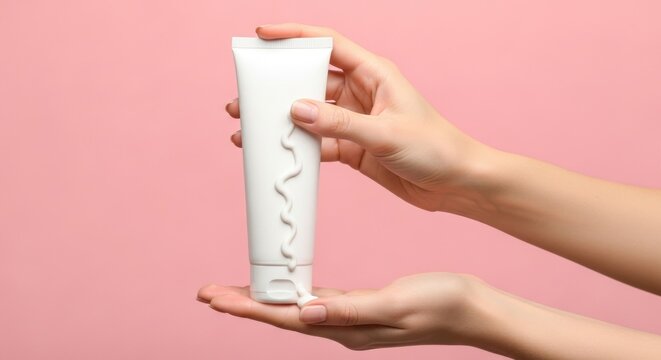 Two hands hold a white tube, dispensing a wavy line of cream onto an open palm