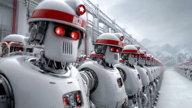 Robotic Army March: A futuristic procession of advanced robots, gleaming in a cold industrial environment. They stand in perfect unison. A visual testament to innovation.