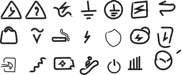 Fototapeta premium A collection of rough, hand-drawn icons representing electrical hazards, safety signs, and directional indicators.