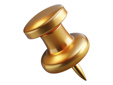 Glossy Gold Thumbtack Push Pin 3D Render Isolated on Transparent Background