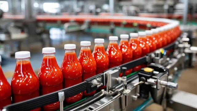 Automation of Food Production: An image depicting the automated filling and movement of ketchup bottles along a conveyor belt in a food processing plant, capturing the efficiency of modern industry.