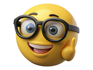 Happy Yellow Emoticon Wearing Black Glasses Giving Thumbs Up Positive Expression on Transparent Background