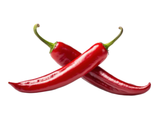 Two Vibrant Red Chili Peppers Crossed Together with Green Stems on a Transparent Background