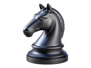 Sleek Black Chess Knight Piece Standing Firmly with Detailed Mane and Base on Transparent Background
