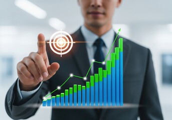 Businessman interacting with growing bar graph and target symbol for success and growth concept