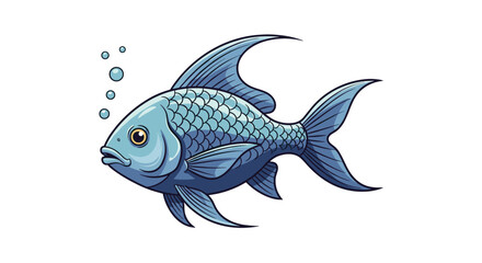Fototapeta premium A vibrant blue fish swims through the clear blue water releasing bubbles.