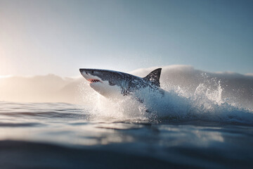 Fototapeta premium Great white shark breaching the ocean surface with dramatic splash. Powerful marine predator. Metaphor for risk, strength, or opportunity. Ideal for wildlife, nature, or conceptual projects.