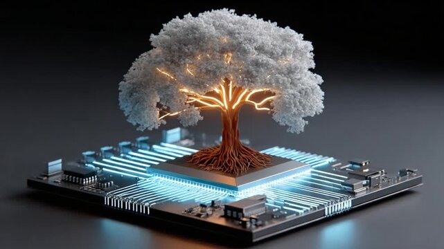 Digital Tree: A conceptual image of a tree composed of digital elements, symbolizing the fusion of nature and technology, with a glowing core and detailed circuitry.