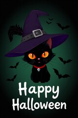 Cute black cat wearing witch hat with happy halloween greeting and bats