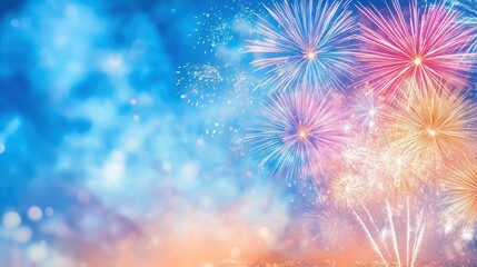 Fototapeta premium Fireworks Spectacle in the Sky: A dazzling display of colorful fireworks erupts against a vibrant, blurred sky background, creating a mesmerizing spectacle of light and celebration. 