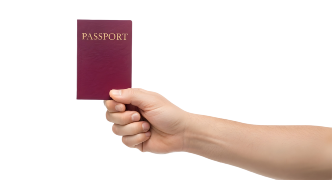 Hand holding a passport against a white background image on transparent background