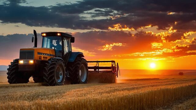 Golden Harvest Sunset: A robust tractor, silhouetted against a vibrant sunset, diligently cultivates a field, its work emblematic of farming and the cyclical beauty of agriculture.