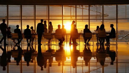 Business Meeting Silhouette: A group of business professionals engages in a meeting, the setting sun casting dramatic silhouettes against a backdrop of the cityscape through large windows. - Powered by Adobe