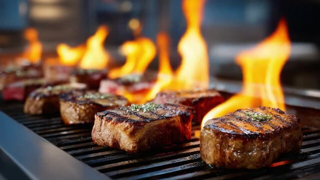 Sizzling Steak on Fire: A tantalizing shot of juicy steak grilling over an open flame, evoking a sense of warmth, deliciousness, and culinary excellence.