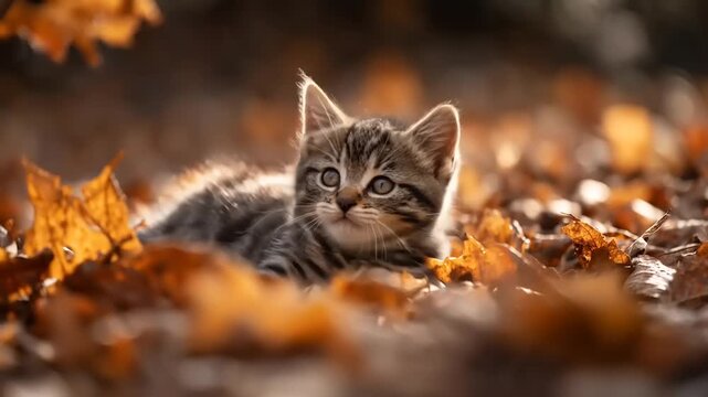 Young cat resting in autumn leaves with warm sunlight