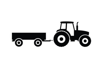 Silhouette of a black tractor pulling a trailer on a white background