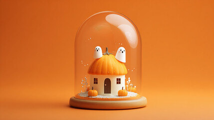 Glass Dome Ghost Scene on Orange Background