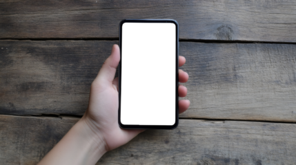 Hand Holding Smartphone with Blank Screen Mockup on Rustic Wood Background