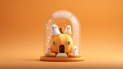 Glass Dome Ghost Scene on Orange Background