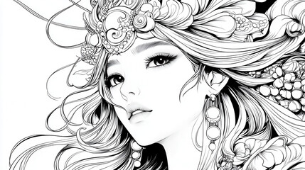 Intricate line art of beautiful woman with flowing hair and floral elements, showcasing elegance and grace