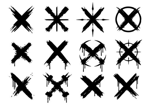 Distressed crosshair and plus icons set with paint splatter texture