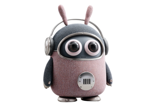Cute textured robot with big eyes, headphones, and bunny ears, featuring fabric and metallic details on a transparent background. background removed