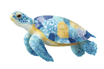 Vibrant blue and yellow mosaic sea turtle illustration. Artistic design with intricate patterns on shell and flippers, isolated on black. background removed
