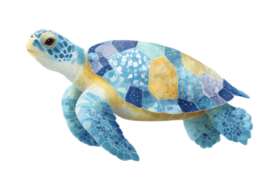 Vibrant blue and yellow mosaic sea turtle illustration. Artistic design with intricate patterns on shell and flippers, isolated on black. background removed