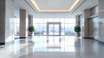 Elegant Hallway Inside a Modern Skyscraper With Polished Floor and Large Windows - Powered by Adobe