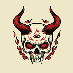Demonic Skull with Red Horns and Flames Third Eye Symbol.