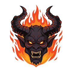 Fearsome demon head with glowing eyes and sharp teeth surrounded by flames.