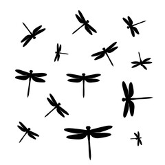 set of black silhouettes of dragonfly