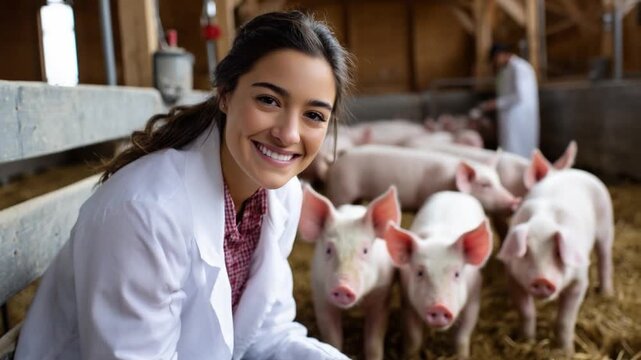 A Day at the Farm: A veterinarian with a beaming smile stands amidst a pig pen, while others are doing work in the background, representing the heart of the farm.