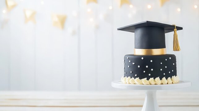 Graduation Cake Celebration: A beautifully decorated graduation cake, adorned with a mortarboard and golden accents, sits ready for a celebratory event.