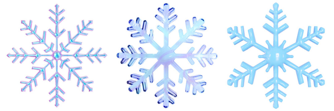 3D blue snowflakes set frost shapes. Winter seasonal rendering icon, ice snow illustrations clipart isolated on white