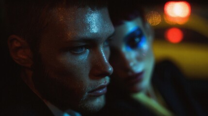 Cinematic night portrait inside a car: pensive man lit by blue city glow, woman with bold makeup softly out of focus; noir mood and shallow depth.
