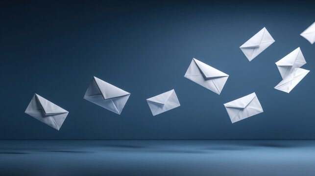 Multiple white paper envelopes flying through the air against a dark - Powered by Adobe