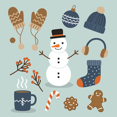 Festive Winter Holiday Collection with Snowman and Seasonal Items.