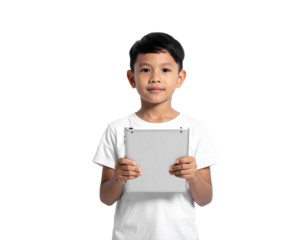oung boy with tablet on white background_