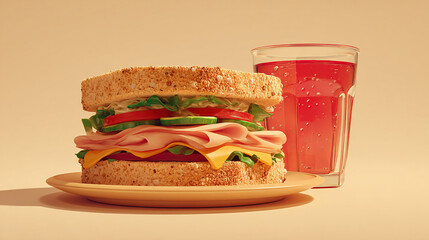 Sandwich and Pink Drink on Simple Background