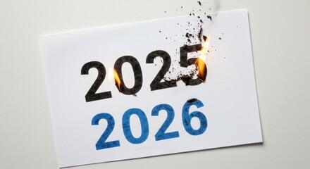 Burning Future: A burning paper with the years 2025 and 2026 printed on it, suggesting a pivotal moment of change and transformation in the years ahead. 