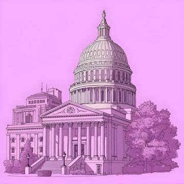 United States Capitol Building Architectural Line Art in Pink