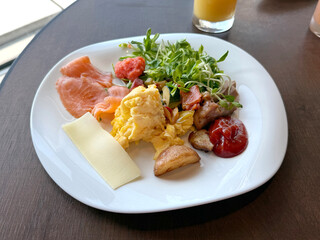 Healthy Breakfast Served at Hotel Buffet. Food Travel Concept. Handmade Phone Photo, Selective Focus, Sunny Light, Not AI