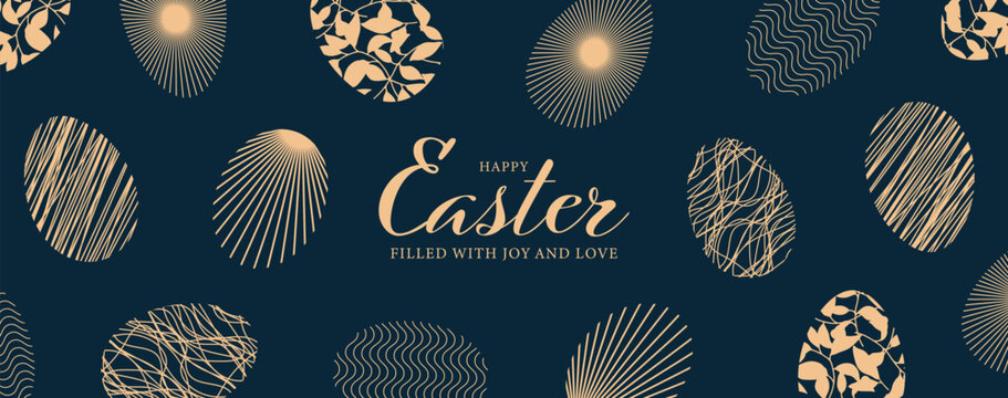 Festive background for Easter day with Easter eggs. Dark blue Easter greeting card, poster or cover artwork