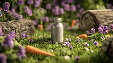Silver Milk Can and Carrots on Rural Grassland