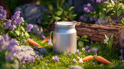Silver Milk Can and Carrots on Rural Grassland