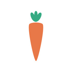 simple carrot icon with green leaves on white background. flat orange vegetable illustration symbol for food, nutrition, and healthy lifestyle concept. minimal graphic design element for agriculture