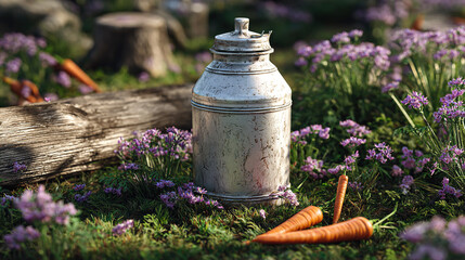Silver Milk Can and Carrots on Rural Grassland
