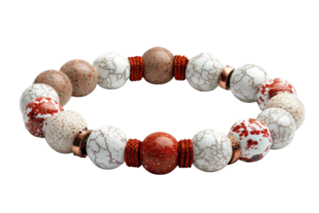 An elegant beaded bracelet featuring various natural stone beads: white crackle, speckled brown, and vibrant red, connected by cord and copper spacers on black. background removed