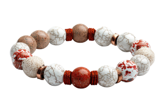 An elegant beaded bracelet featuring various natural stone beads: white crackle, speckled brown, and vibrant red, connected by cord and copper spacers on black. background removed